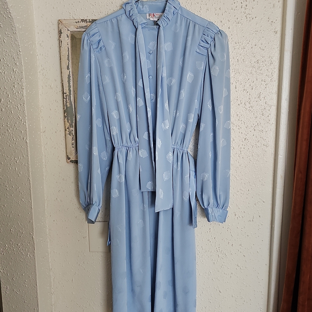 Elegant Blue Women's Long Sleeve Vintage Dress With Scarf & Belt Size 16